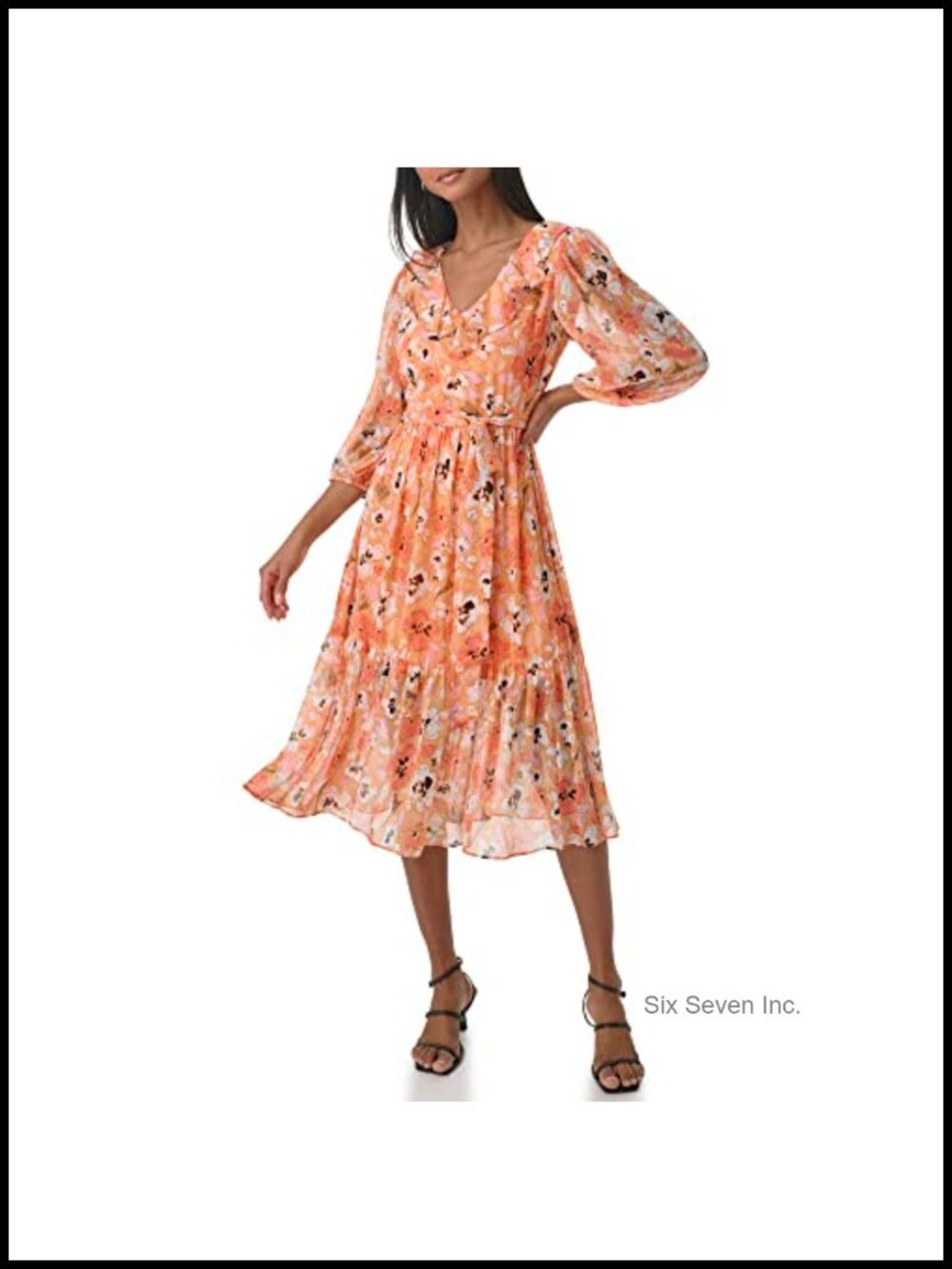 Floral Ruffle Midi Dress 3/4 Sleeve Scoop Neck A-Line Polyester
